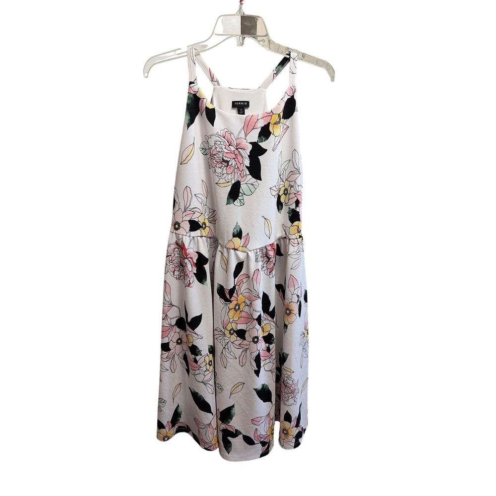 Torrid Women's Skater Haulter Dress Sz 2 Floral White Black Pink Texture Skater